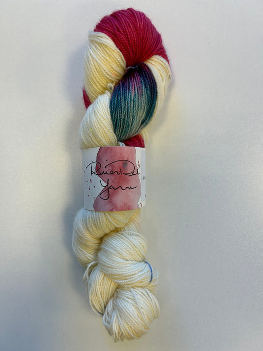 RiverRat Yarn Fingering Weight Slub Yarn Superwash Merino/Cashmere/Nylon - Unknown Pink w/ Blue Colorway